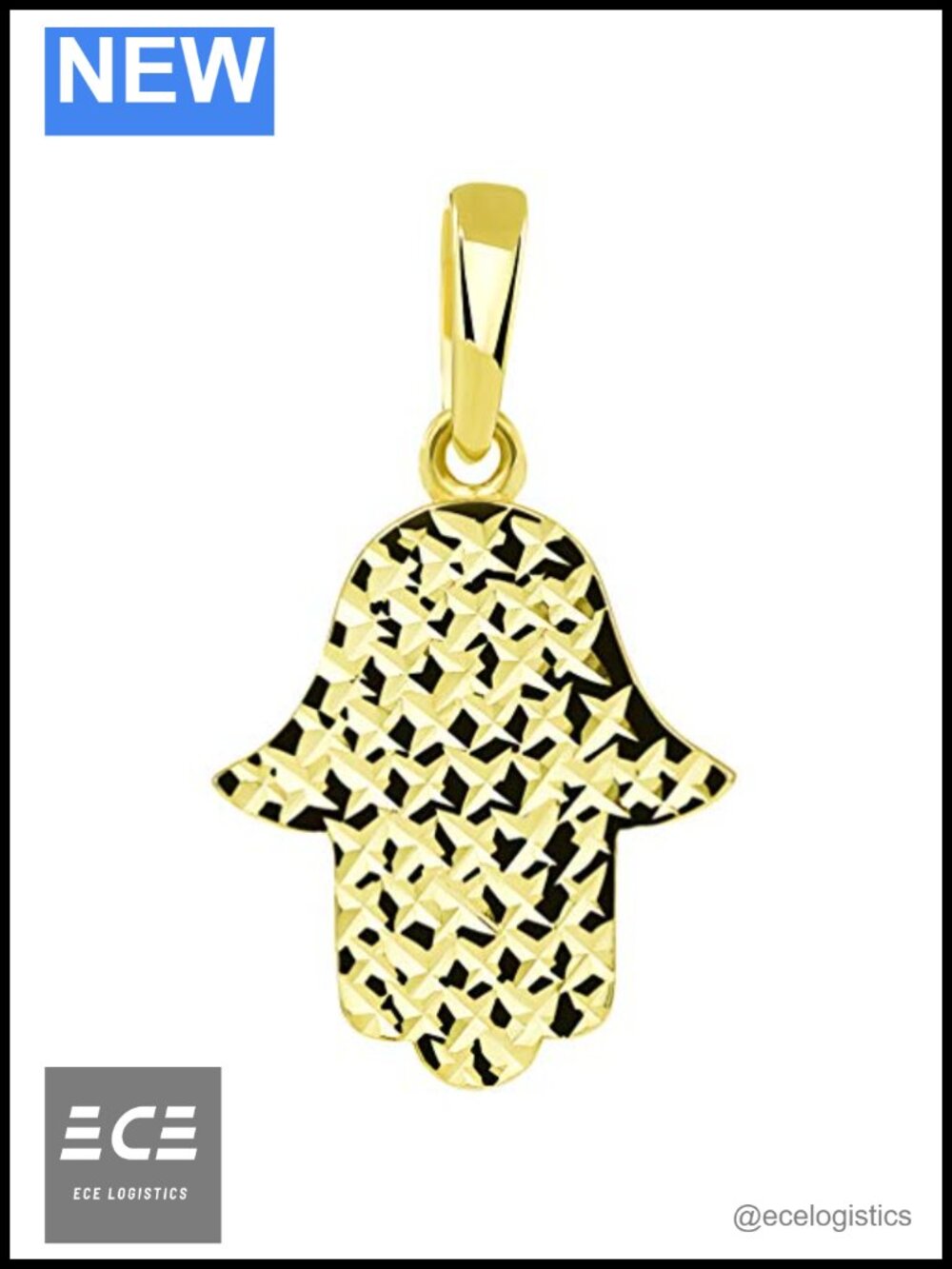14k Yellow Gold Textured Hamsa Hand Pendant Diamond Cut